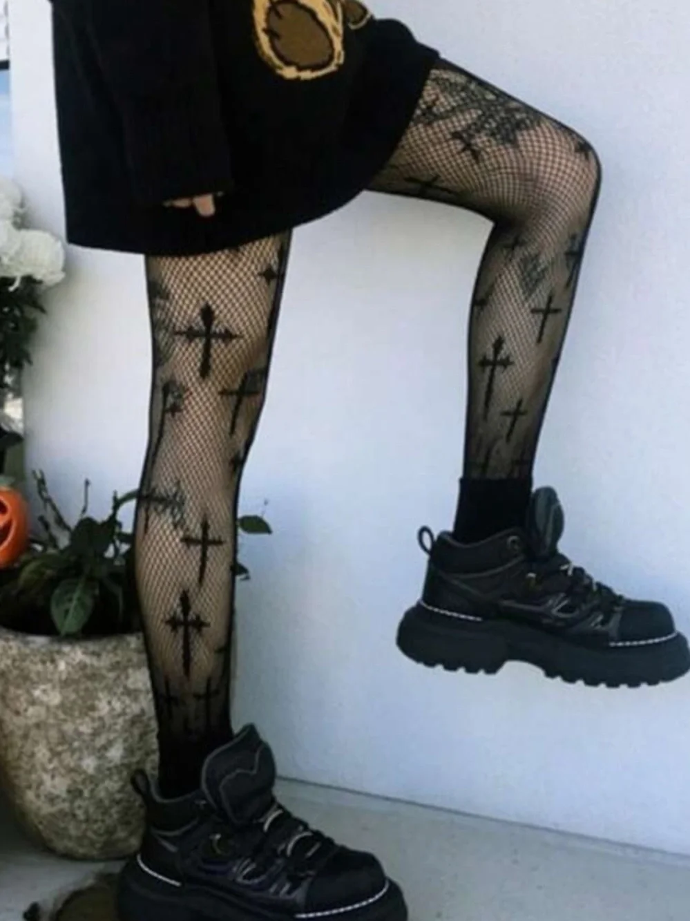 Black Cross Fishnet Tights